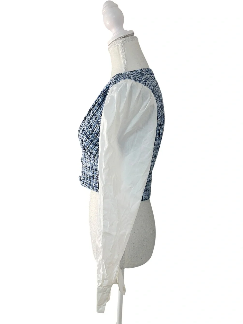 Zara Contrast Textured Tweed Cropped Blouse White Blue